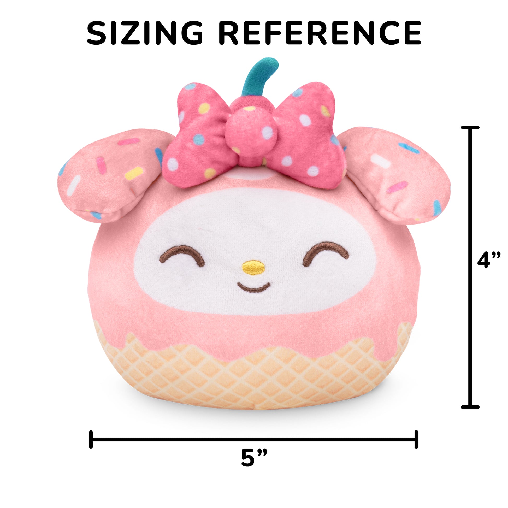 My Melody Ice Cream Cone 4” Reversible Plushie with a sizing reference of 4 inches