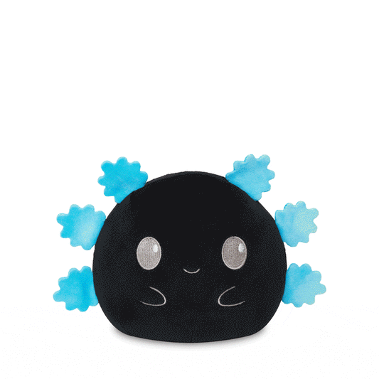 Animated Plushiverse Feeling Blue Axolotl 4” Reversible Plushie with a smiling face and blue accents by TeeTurtle.