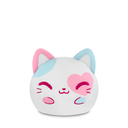 A TeeTurtle Plushiverse Cupid's Kitty 4" Reversible Plushie from our Valentine's Day collection featuring a kawaii kitty pillow adorned with blue and pink hearts.