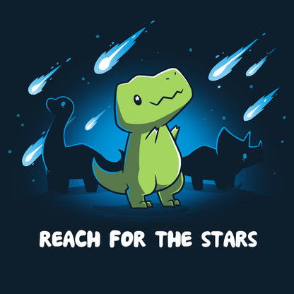 Cartoon dinosaur in a spotlight with the phrase "Reach for the Stars" below. Silhouettes of other dinosaurs and shooting stars in the background on a monsterdigital Reach For The Stars Super Soft Ringspun Cotton Navy Blue Tee.
