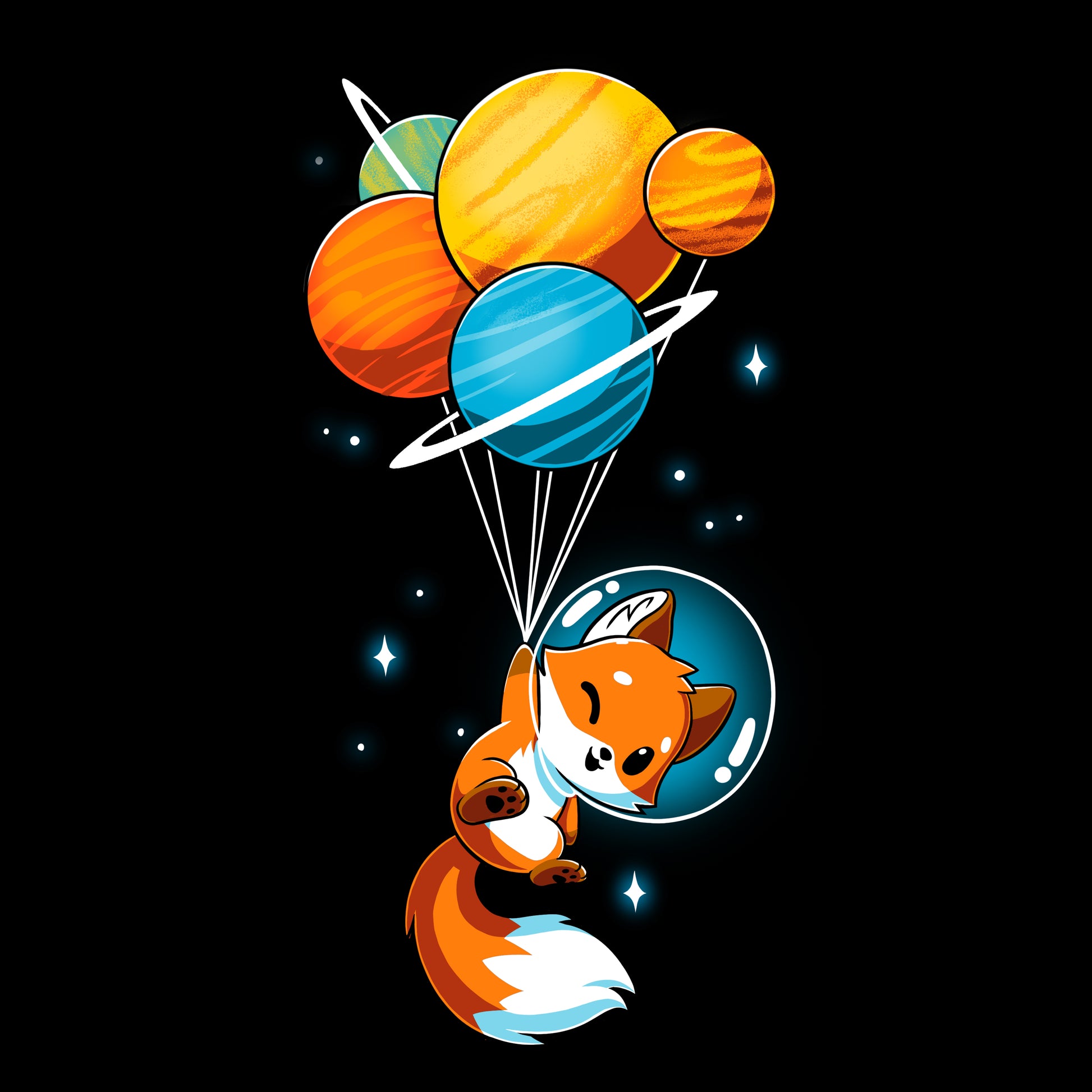 Premium Cotton T-shirt_A cartoon Foxy Astronaut in a space helmet is being lifted by balloons shaped like planets against a dark background. This whimsical design is printed on a super soft ringspun cotton Unisex Tee, perfect for space lovers of all ages. The Foxy Astronaut Unisex apparelby monsterdigital is sure to delight fans everywhere.