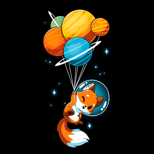 A cartoon Foxy Astronaut in a space helmet is being lifted by balloons shaped like planets against a dark background. This whimsical design is printed on a super soft ringspun cotton Unisex Tee, perfect for space lovers of all ages. The Foxy Astronaut Unisex Tee by monsterdigital is sure to delight fans everywhere.