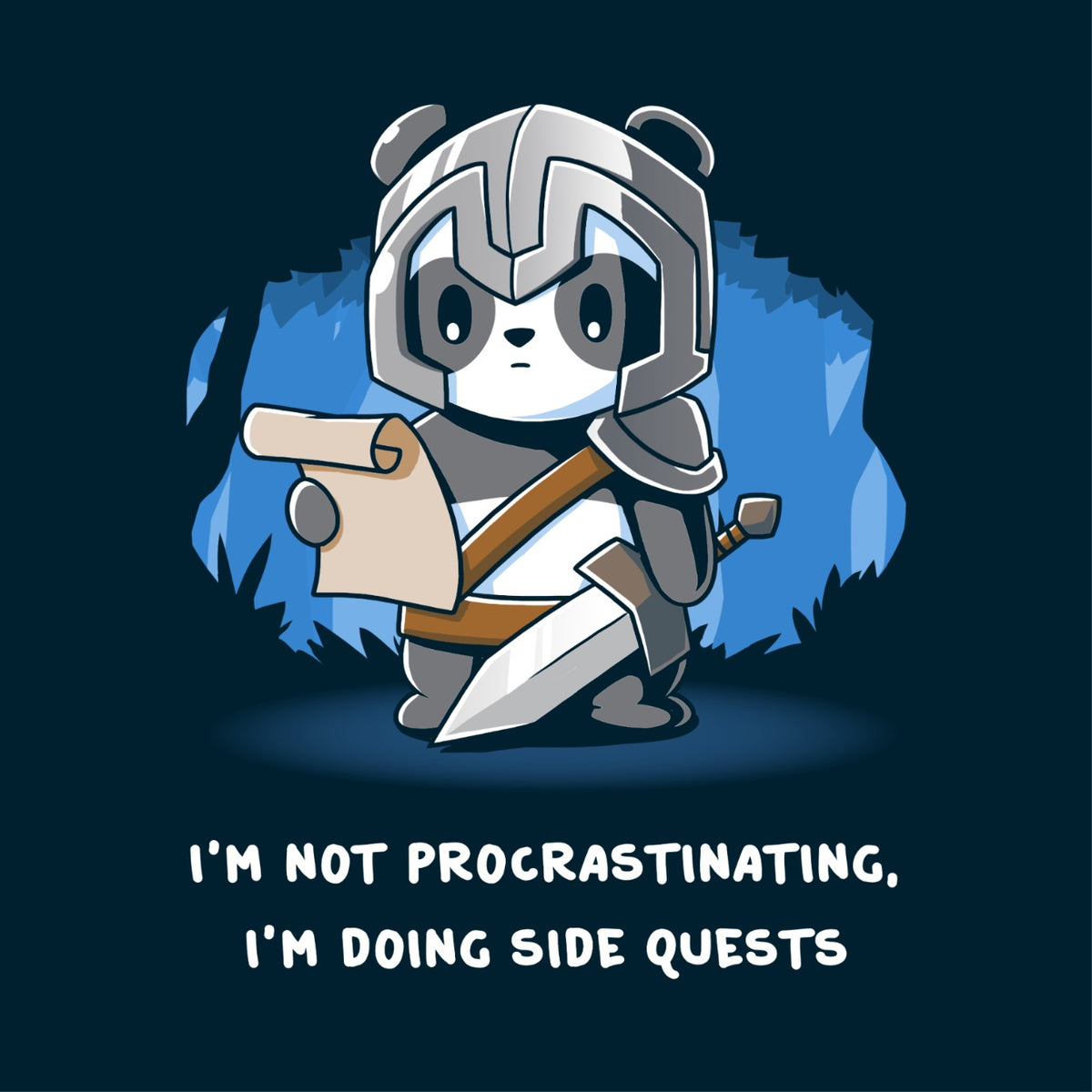 Women's Premium T-Shirt_TeeTurtle navy I'm Doing Side Quests Women's Premium T-Shirt featuring a cute armored panda adventurer holding a map and sword with the text "I'm Not Procrastinating, I'm Doing Side Quests."