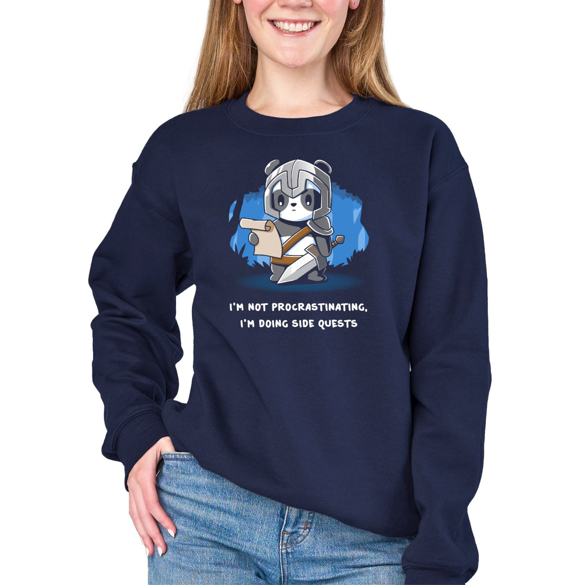 Crew Neck Sweatshirt_TeeTurtle navy I'm Doing Side Quests Crew Neck Sweatshirt featuring a cute armored panda adventurer holding a map and sword with the text "I'm Not Procrastinating, I'm Doing Side Quests."