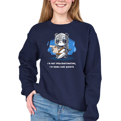Crew Neck Sweatshirt_TeeTurtle navy I'm Doing Side Quests Crew Neck Sweatshirt featuring a cute armored panda adventurer holding a map and sword with the text "I'm Not Procrastinating, I'm Doing Side Quests."
