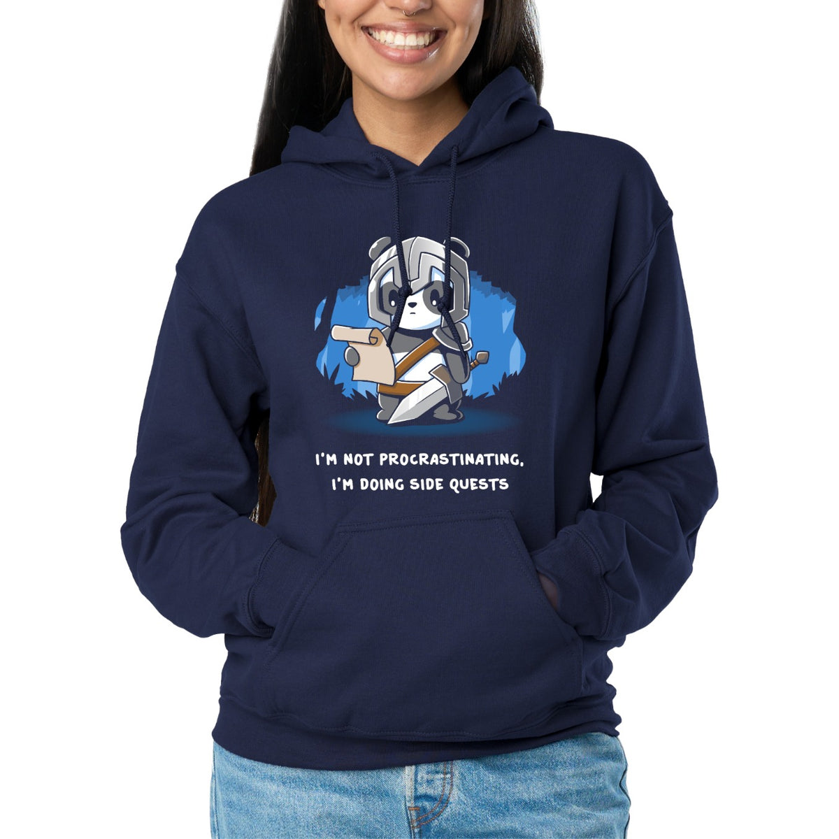 Pullover Hoodie_TeeTurtle navy I'm Doing Side Quests Pullover Hoodie featuring a cute armored panda adventurer holding a map and sword with the text "I'm Not Procrastinating, I'm Doing Side Quests."