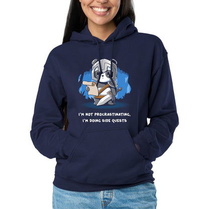 Pullover Hoodie_TeeTurtle navy I'm Doing Side Quests Pullover Hoodie featuring a cute armored panda adventurer holding a map and sword with the text "I'm Not Procrastinating, I'm Doing Side Quests."
