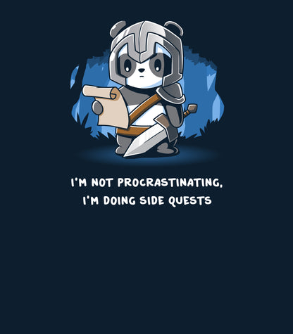 Pullover Hoodie_TeeTurtle navy blue I'm Doing Side Quests. Featuring a warrior panda holding a scroll saying, "I'm not procrastinating, I'm doing side quests.".