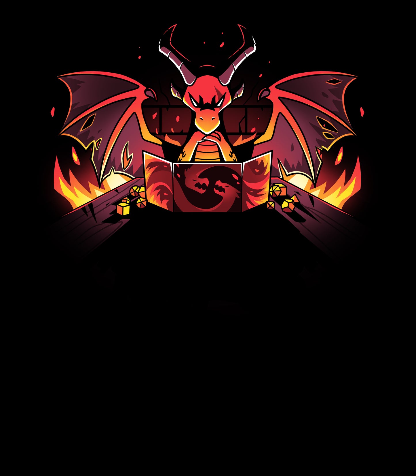 Crew Neck Sweatshirt_TeeTurtle black Dragon Master. Featuring a sinister-looking dragon dungeon master with flames in the background.