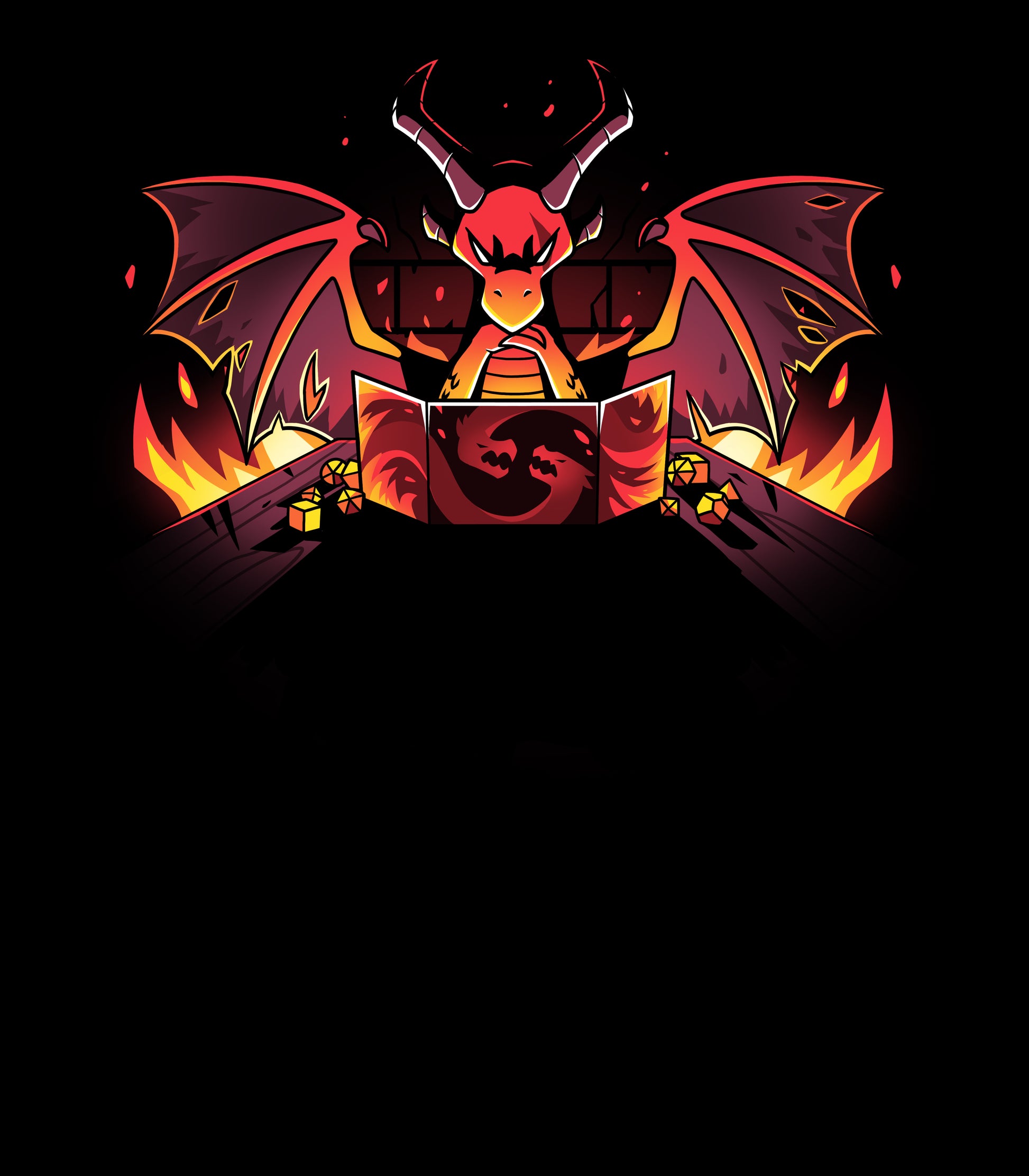 Pullover Hoodie_TeeTurtle black Dragon Master. Featuring a sinister-looking dragon dungeon master with flames in the background.