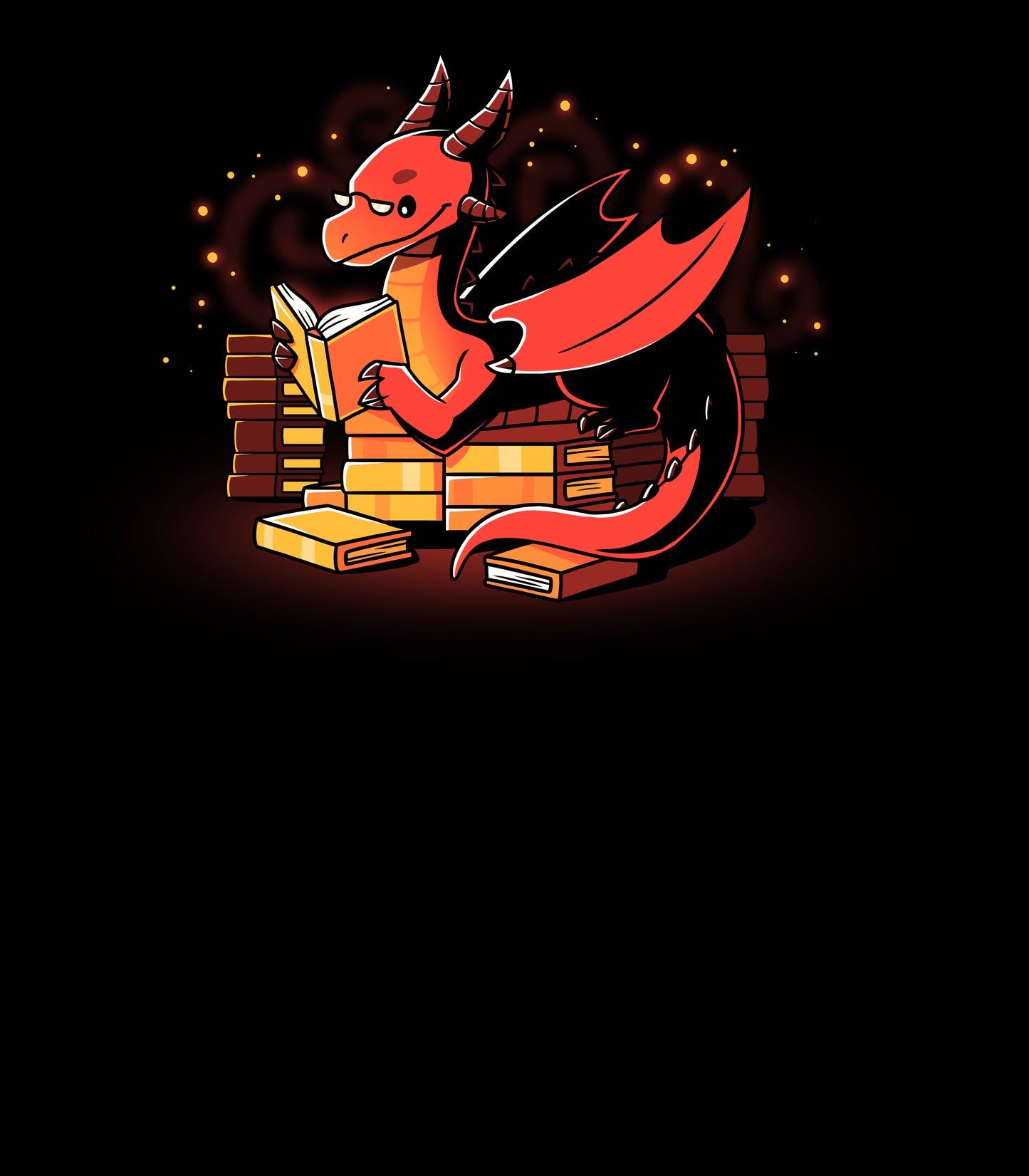 Long Sleeve T-shirt_TeeTurtle Book Hoarder black t-shirt featuring a red dragon with horns and wings, reading a book while sitting among piles of books against a dark background with glowing embers.