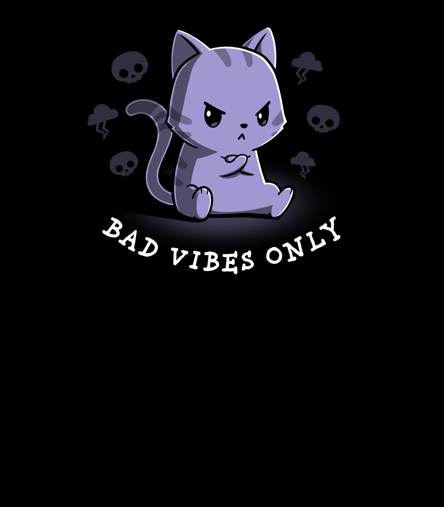 Long Sleeve T-shirt_Teeturtle Bad Vibes Only black t-shirt featuring an angry grumpy looking cat with its forepaws crossed and surrounded by skulls and lightning clouds with 'Bad Vibes Only' written underneath it.