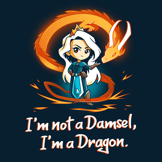 Premium Cotton T-shirt_TeeTurtle I'm Not a Damsel, I'm a Dragon navy blue t-shirt featuring a confident female fantasy character in a crown with an orange dragon behind and the text 