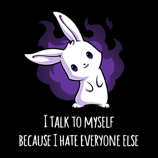 A white, cartoon bunny with a mischievous expression stands in front of a purple flame. Text below reads, 