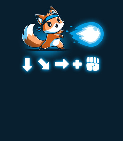 Pullover Hoodie_Teeturtle Combo Attack navy blue design featuring a cute little fox wearing a headband firing off a Hadouken fireball with the game input command beneath.