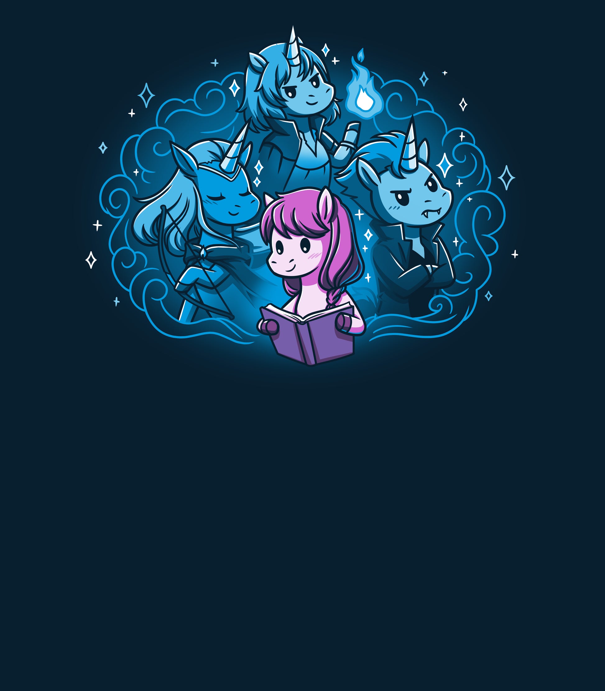 Long Sleeve T-shirt_Teeturtle I Love My Fictional Boyfriends navy blue t-shirt featuring a cute unicorn reading a book dreaming about their fictional boyfriends, an elf archer unicorn, a mage unicorn and a vampire unicorn.