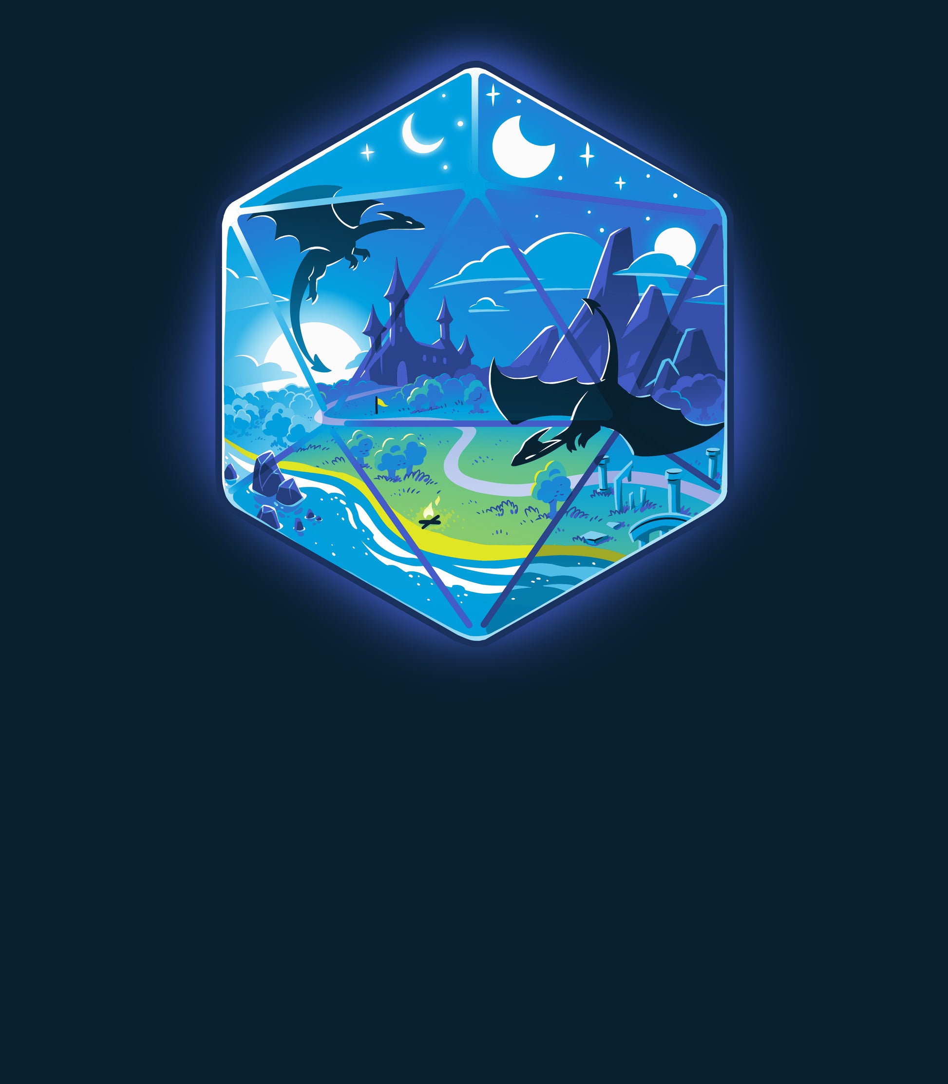 Long Sleeve T-shirt_Illustration of a fantasy world within a hexagonal frame, featuring flying dragons, a castle, mountains, a river, and both the sun and moon in the sky. Perfect for your monsterdigital D20 Landscape apparel collection in super soft ringspun cotton.