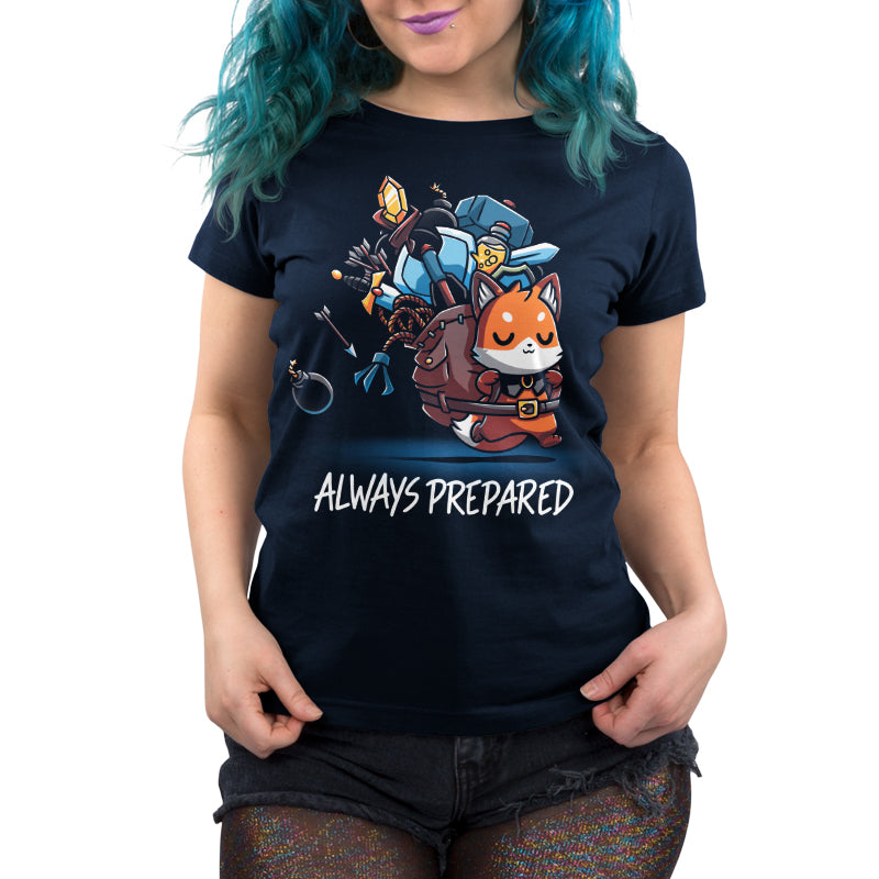 Premium Cotton T-shirt_TeeTurtle Always Prepared navy blue t-shirt featuring a fantasy cartoon fox dressed as an adventurer carrying an oversized backpack filled with weapons and tools.