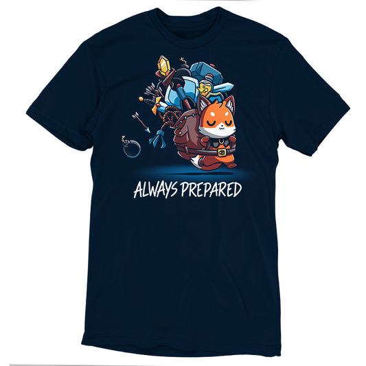 A super soft ringspun cotton navy blue t-shirt from monsterdigital featuring an illustrated fox character carrying various items such as weapons and tools with the text 