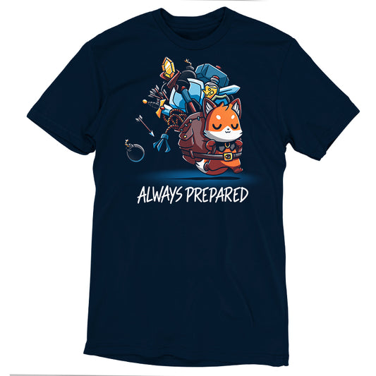 Premium Cotton T-shirt_TeeTurtle Always Prepared navy blue t-shirt featuring a fantasy cartoon fox dressed as an adventurer carrying an oversized backpack filled with weapons and tools.