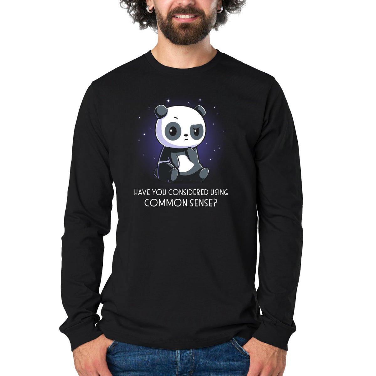 Long Sleeve T-shirt_TeeTurtle black Have You Considered Using Common Sense? Long Sleeve T-shirt featuring a seated panda surrounded by a purple glow and small stars above the phrase "Have You Considered Using Common Sense?"