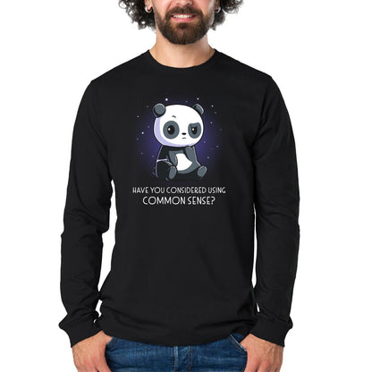 Long Sleeve T-shirt_TeeTurtle black Have You Considered Using Common Sense? Long Sleeve T-shirt featuring a seated panda surrounded by a purple glow and small stars above the phrase "Have You Considered Using Common Sense?"
