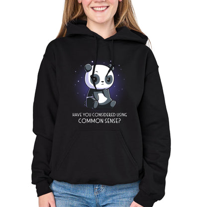 Pullover Hoodie_TeeTurtle black Have You Considered Using Common Sense? Pullover Hoodie featuring a seated panda surrounded by a purple glow and small stars above the phrase "Have You Considered Using Common Sense?"