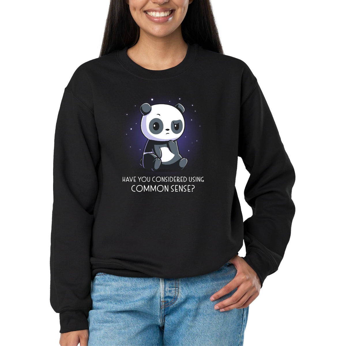 Crew Neck Sweatshirt_TeeTurtle black Have You Considered Using Common Sense? Crew Neck Sweatshirt featuring a seated panda surrounded by a purple glow and small stars above the phrase "Have You Considered Using Common Sense?"