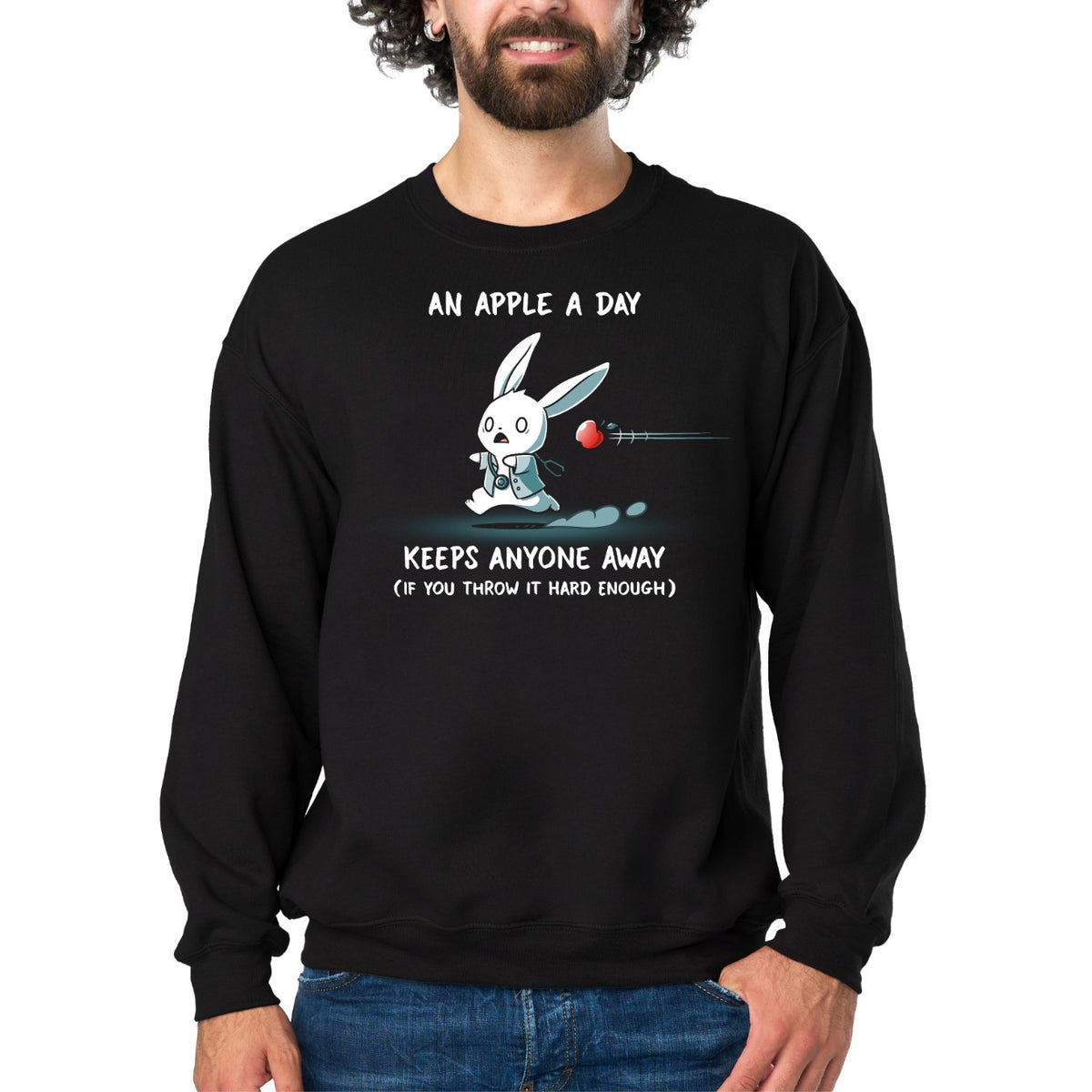 Crew Neck Sweatshirt_TeeTurtle black An Apple A Day Keeps Anyone Away Crew Neck Sweatshirt featuring a startled white rabbit in a teal outfit running as a red apple flies toward it, with the text "An Apple A Day Keeps Anyone Away (If You Throw It Hard Enough)."