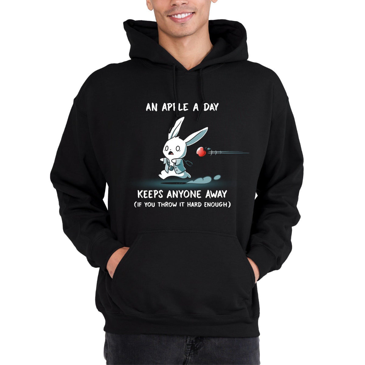 Pullover Hoodie_TeeTurtle black An Apple A Day Keeps Anyone Away Pullover Hoodie featuring a startled white rabbit in a teal outfit running as a red apple flies toward it, with the text "An Apple A Day Keeps Anyone Away (If You Throw It Hard Enough)."