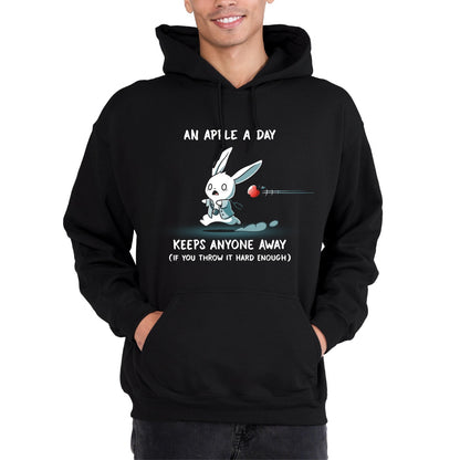 Pullover Hoodie_TeeTurtle black An Apple A Day Keeps Anyone Away Pullover Hoodie featuring a startled white rabbit in a teal outfit running as a red apple flies toward it, with the text "An Apple A Day Keeps Anyone Away (If You Throw It Hard Enough)."