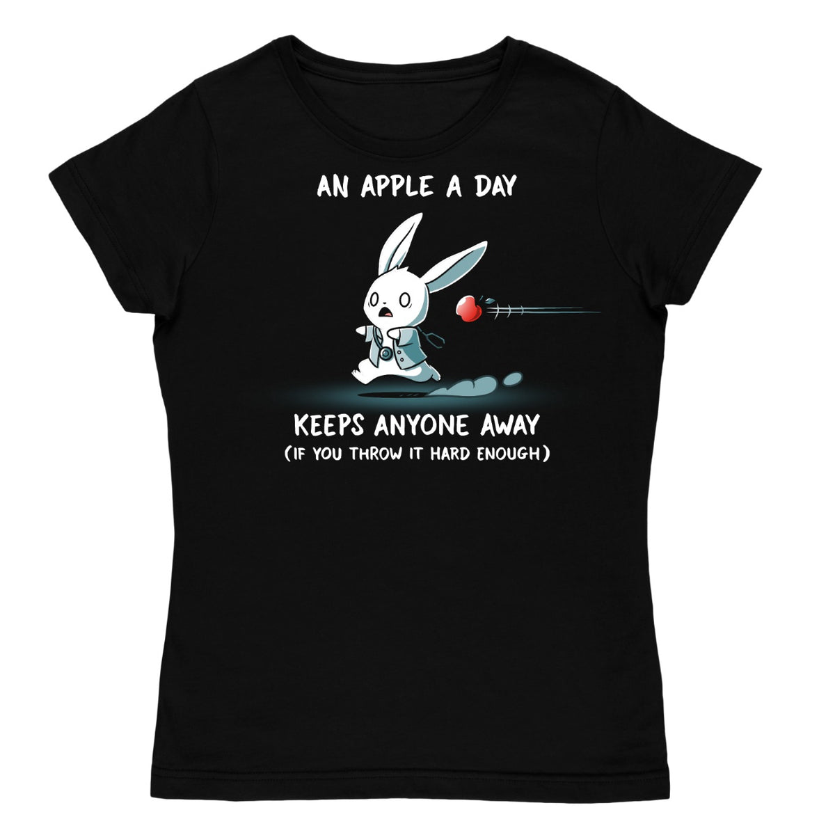 Women's Premium T-Shirt_TeeTurtle black An Apple A Day Keeps Anyone Away Women's Premium T-Shirt featuring a startled white rabbit in a teal outfit running as a red apple flies toward it, with the text "An Apple A Day Keeps Anyone Away (If You Throw It Hard Enough)."