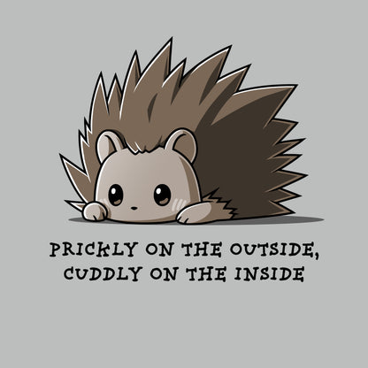 Premium Cotton T-shirt_Teeturtle Prickly On The Outside, Cuddly On The Inside silver gray t-shirt featuring an adorable little cartoon porcupine with the words 'prickly on the outside, cuddly on the inside.' written beneath.