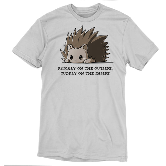 Premium Cotton T-shirt_Teeturtle Prickly On The Outside, Cuddly On The Inside silver gray t-shirt featuring an adorable little cartoon porcupine with the words 'prickly on the outside, cuddly on the inside.' written beneath.