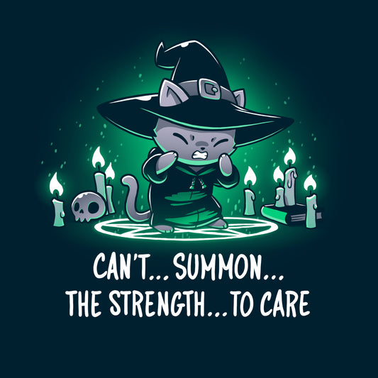 Premium Cotton T-shirt_TeeTurtle Can't Summon The Strength To Care Navy Blue t-shirt featuring a grey cat in a black witch's hat and black robe struggling to cast a spell. It's standing in a summoning circle with candles, a scull, and a book around it. It is surrounded by a green glow. Text underneath it says 