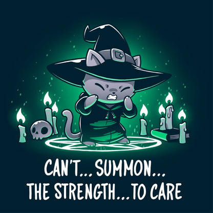 Women's Premium T-shirt_TeeTurtle Can't Summon The Strength To Care Navy Blue t-shirt featuring a grey cat in a black witch's hat and black robe struggling to cast a spell. It's standing in a summoning circle with candles, a scull, and a book around it. It is surrounded by a green glow. Text underneath it says "Can't... summon... the strength... to care"