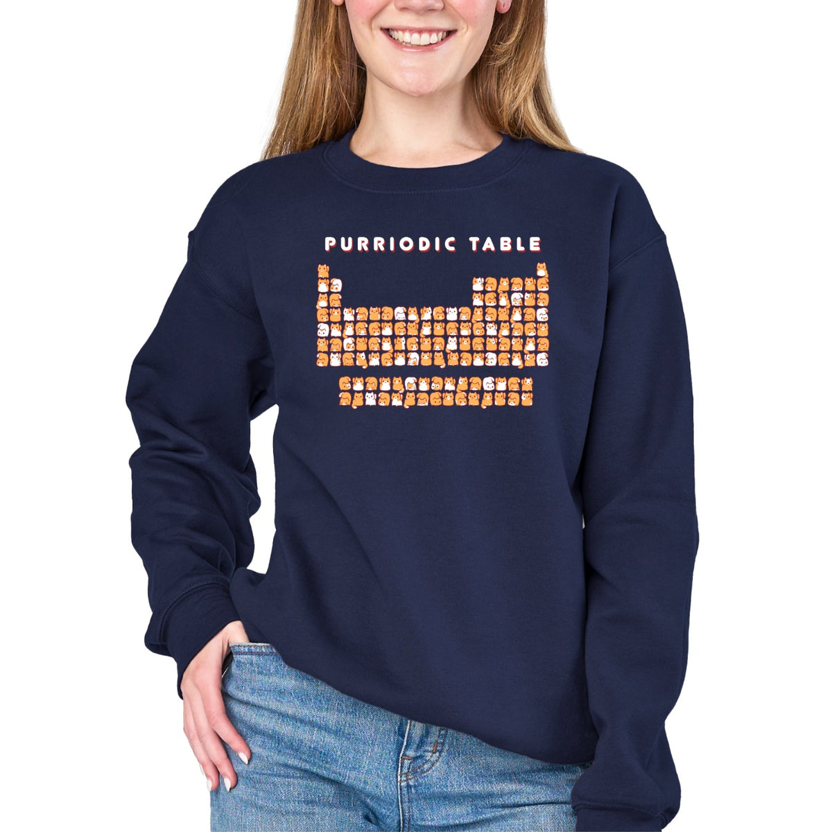 Crew Neck Sweatshirt_TeeTurtle navy blue Purriodic Table featuring a periodic table chart with elements represented by cats.