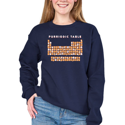 Crew Neck Sweatshirt_TeeTurtle navy blue Purriodic Table featuring a periodic table chart with elements represented by cats.