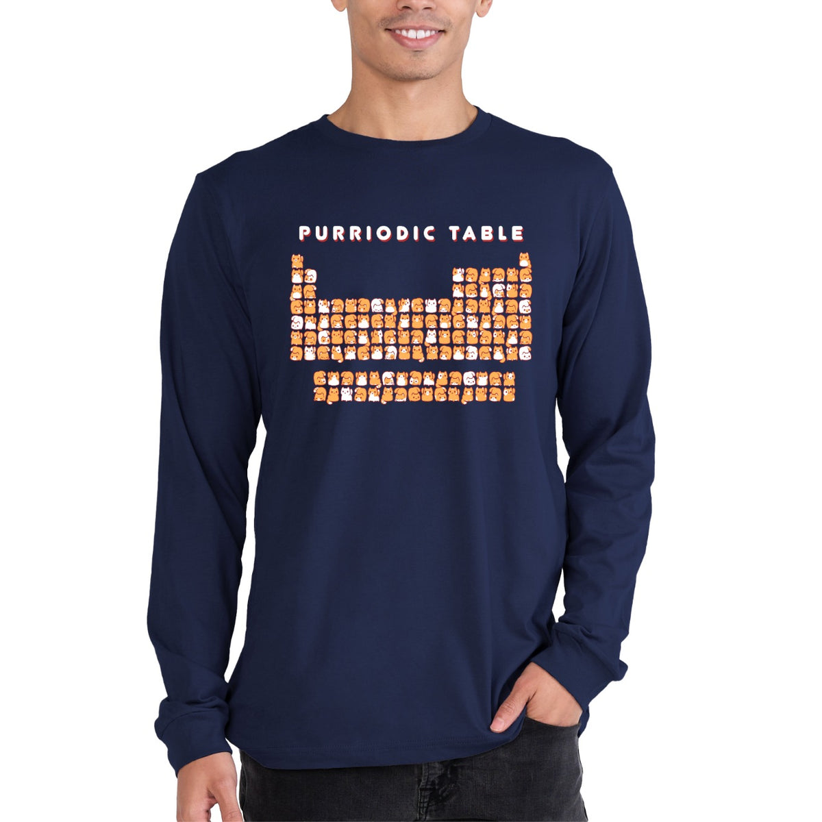Long Sleeve T-shirt_TeeTurtle navy blue Purriodic Table featuring a periodic table chart with elements represented by cats.