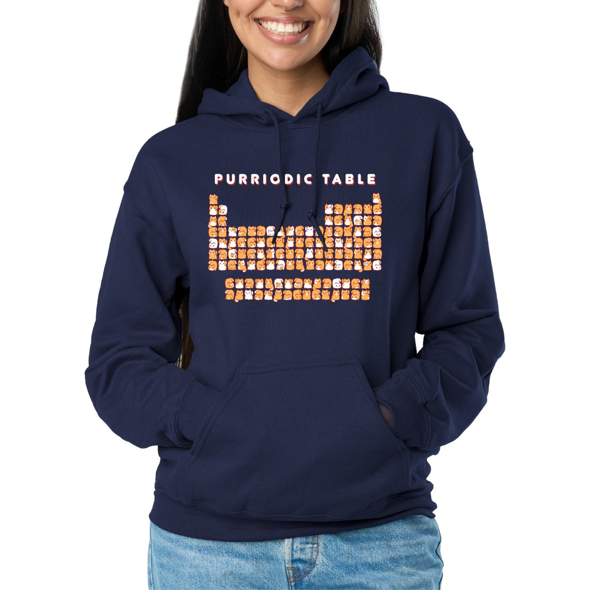 Pullover Hoodie_TeeTurtle navy blue Purriodic Table featuring a periodic table chart with elements represented by cats.
