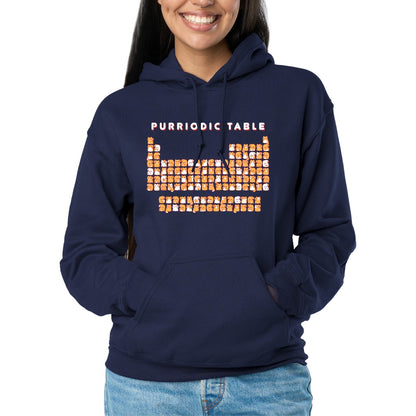 Pullover Hoodie_TeeTurtle navy blue Purriodic Table featuring a periodic table chart with elements represented by cats.