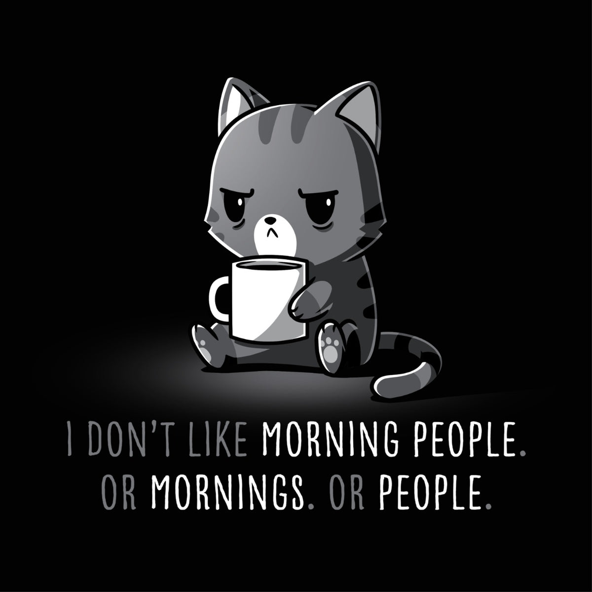 Women's Premium T-shirt_TeeTurtle black I Don’t Like Morning People. Or Mornings. Or People.. Featuring a grumpy black cat holding a cup of coffee.