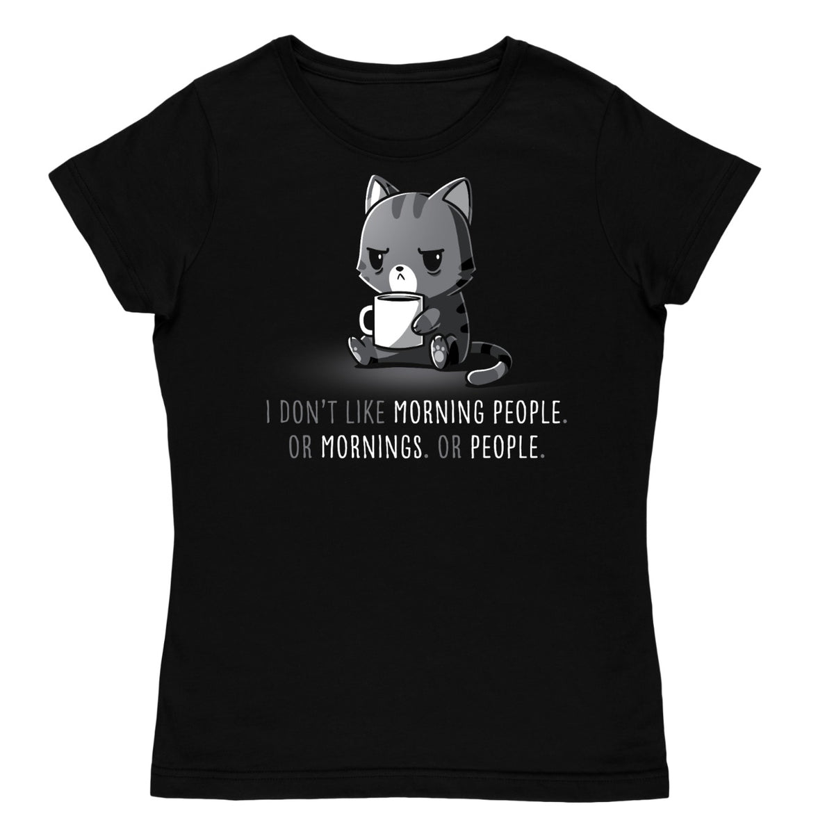 Women's Premium T-shirt_TeeTurtle black I Don’t Like Morning People. Or Mornings. Or People.. Featuring a grumpy black cat holding a cup of coffee.