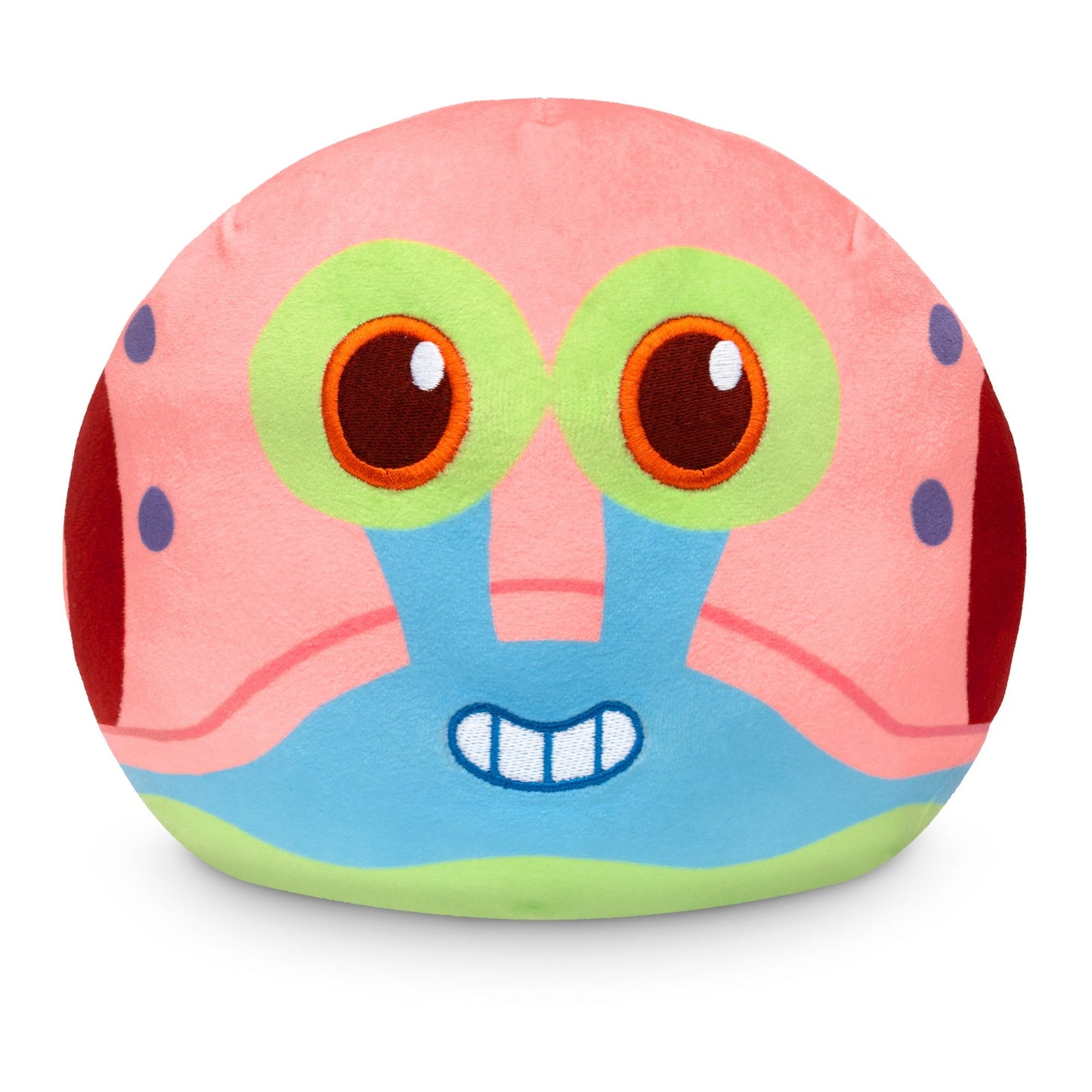 A Nickelodeon Plushiverse SpongeBob 6” Reversible Plushie resembling a colorful snail with large orange eyes, a pink shell, and a smiling face.