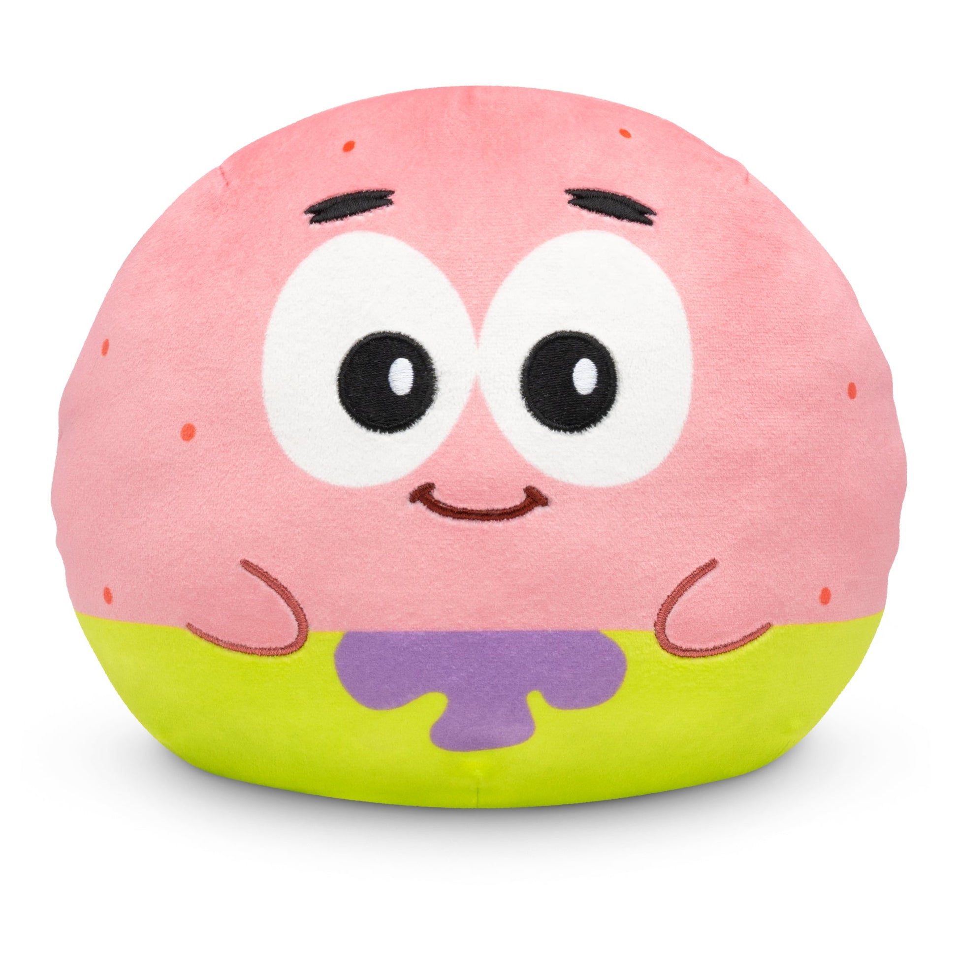 A round, stuffed toy with a pink top and green bottom, featuring a smiling face with large eyes and small eyebrows. Part of the Plushiverse Patrick 6” Reversible Plushie series from Nickelodeon, it's perfect for any SpongeBob collection.