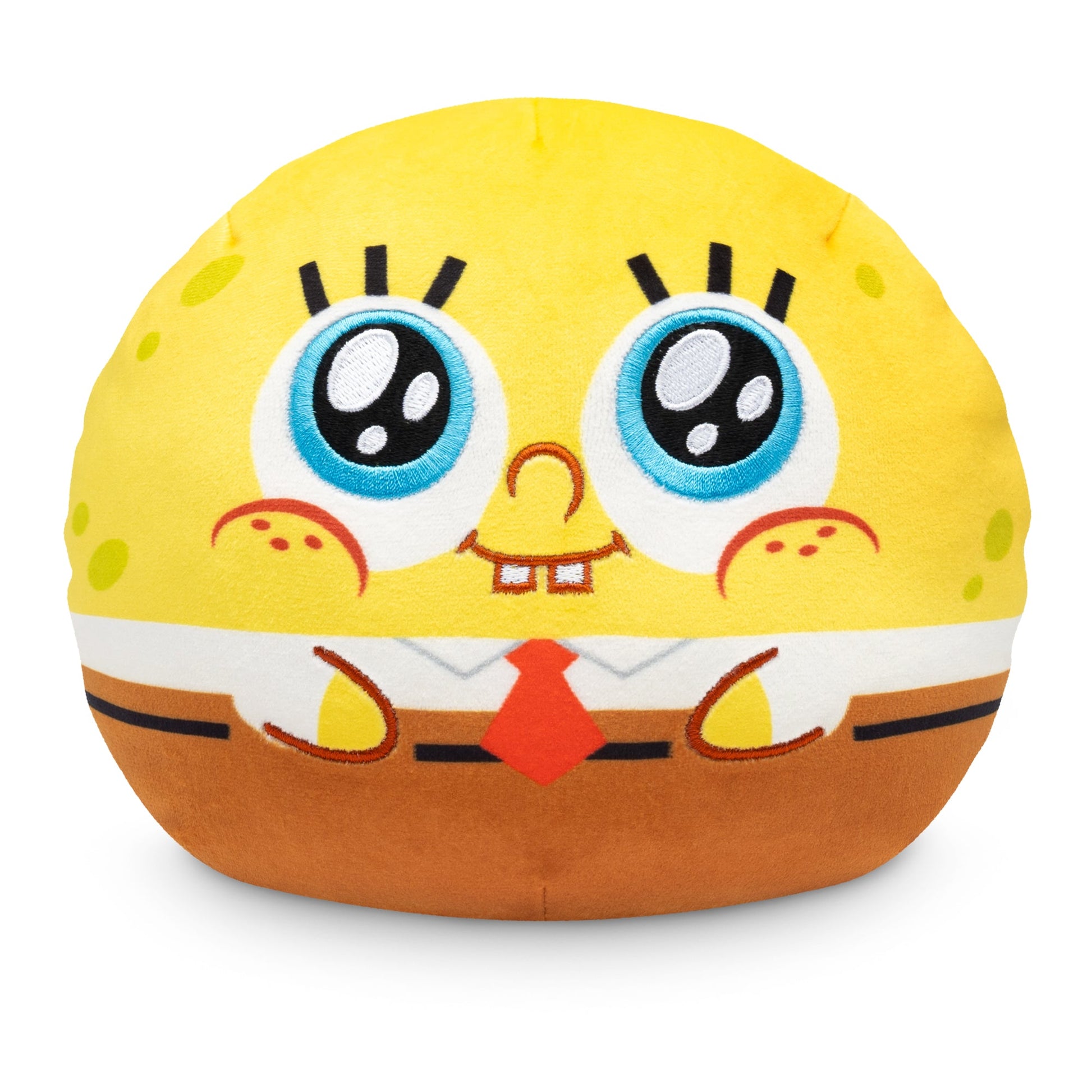 A Nickelodeon Plushiverse SpongeBob 6” Reversible Plushie resembling a round, smiling character with large blue eyes, yellow spongy texture, a red tie, and brown pants.