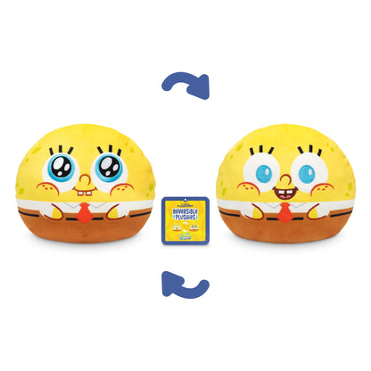 A Plushiverse SpongeBob 6” Reversible Plushie, part of the Nickelodeon collection, showcasing a character with one side depicting a calm expression and the other side showing a happy expression. Blue arrows indicate the reversible feature of this delightful stuffed toy.