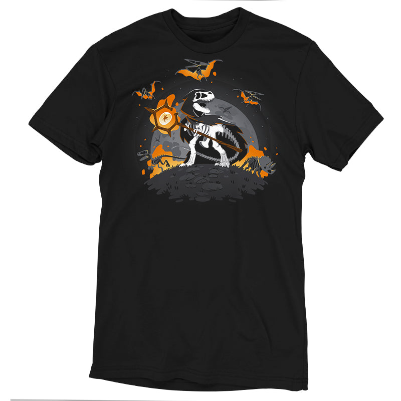 Premium Cotton T-shirt_TeeTurtle Prehistoric Resurrection black t-shirt featuring a skeletal t-rex in a black cloak holding a magic staff while standing on a hill with the moon rising behind it. In the background, there is a skeletal triceratops, skeletal velociraptor, and 3 skeletal pterodactyls flying overhead.