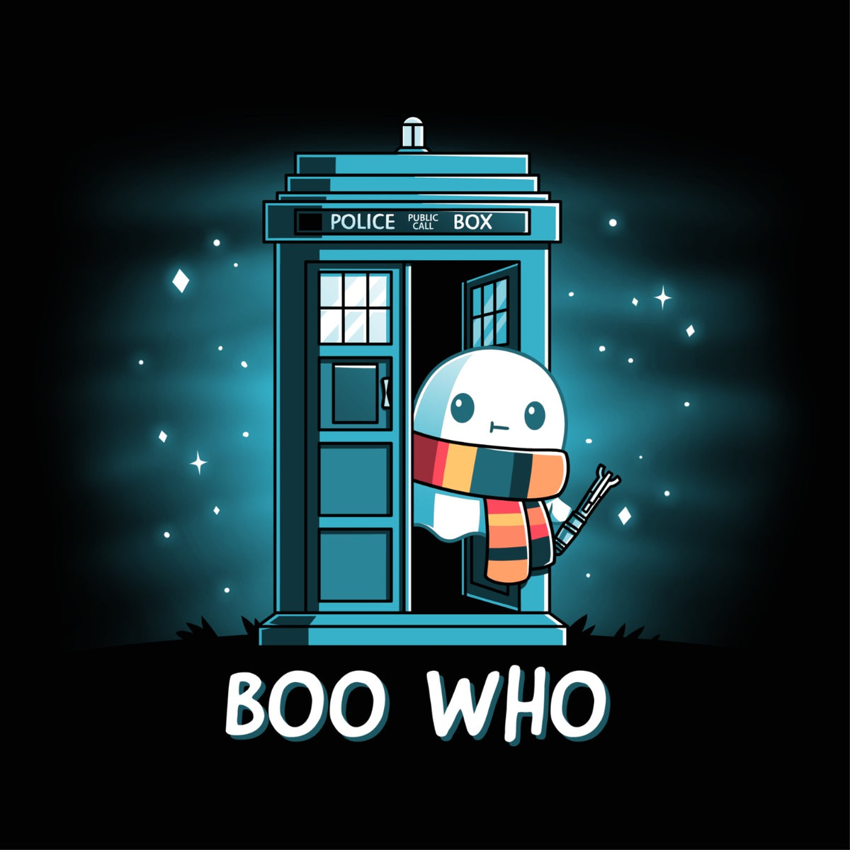 Women's Premium T-shirt_TeeTurtle black Boo Who. Featuring a ghost wearing a scarf and holding a tool coming out of a phone booth.