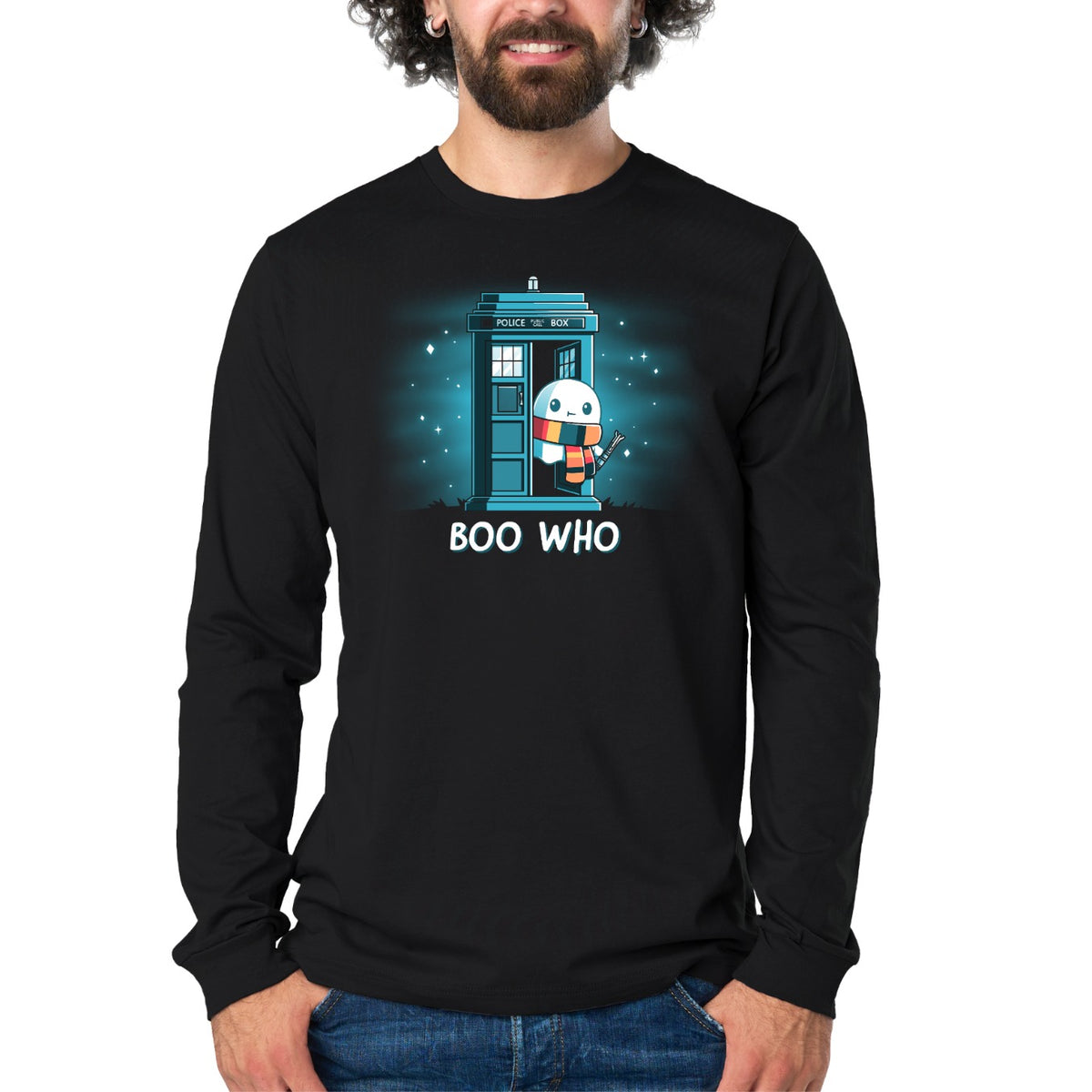 Long Sleeve T-shirt_TeeTurtle black Boo Who. Featuring a ghost wearing a scarf and holding a tool coming out of a phone booth.